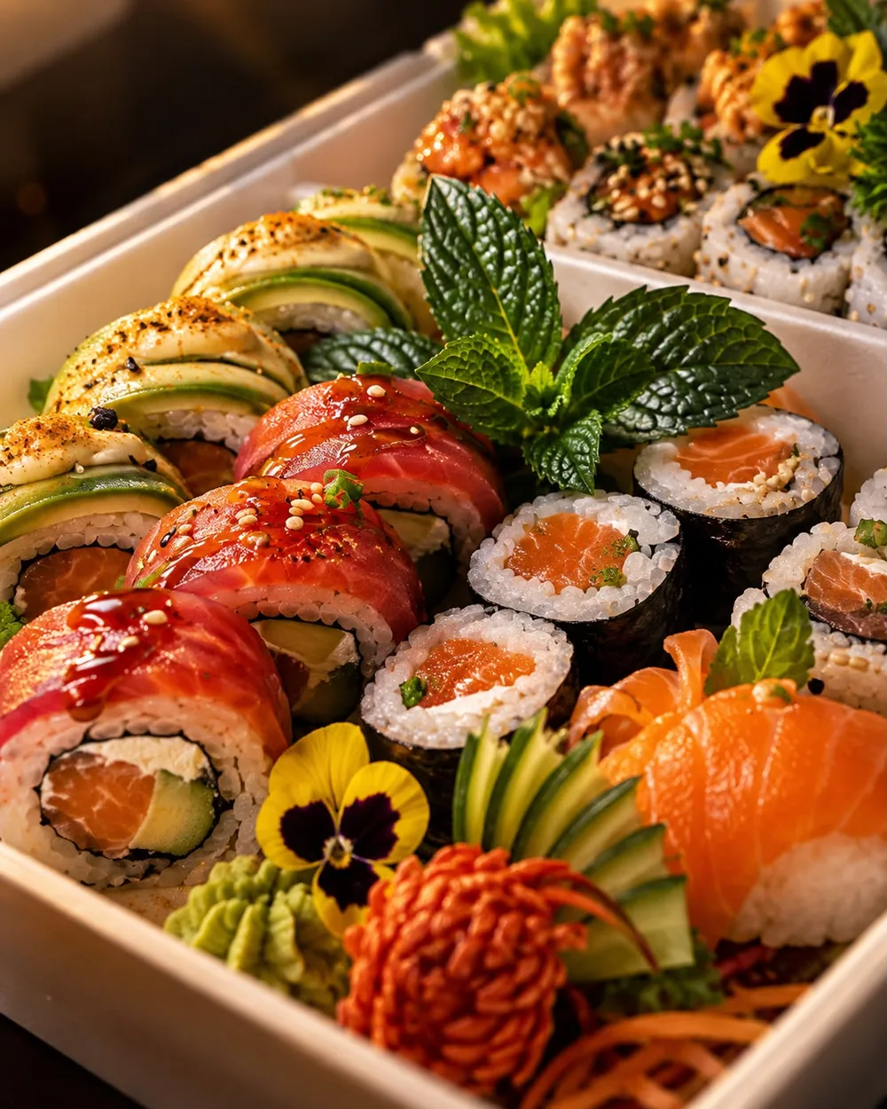 Caja de rolls Valizas con menta y flores comestibles