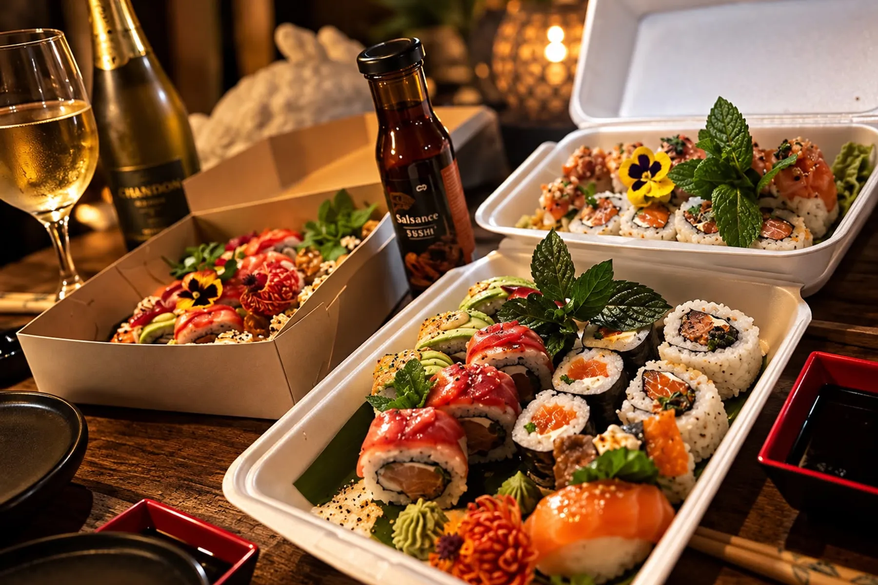Mesa de sushi para compartir, noche de hostel